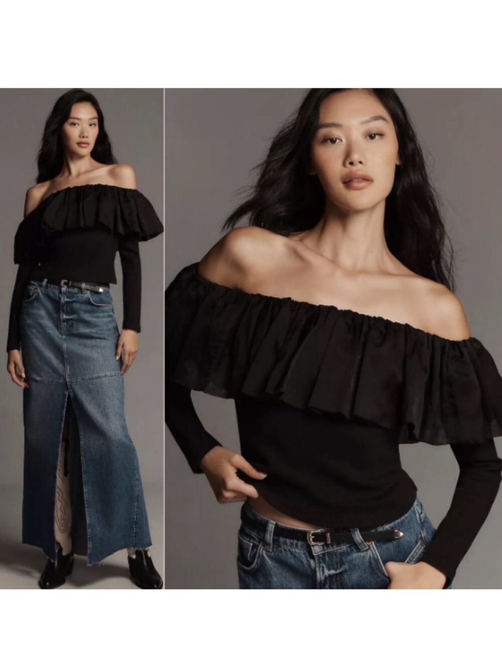 Anthropologie Off-The-Shoulder Organza Ruffle Top NWT in Black Small